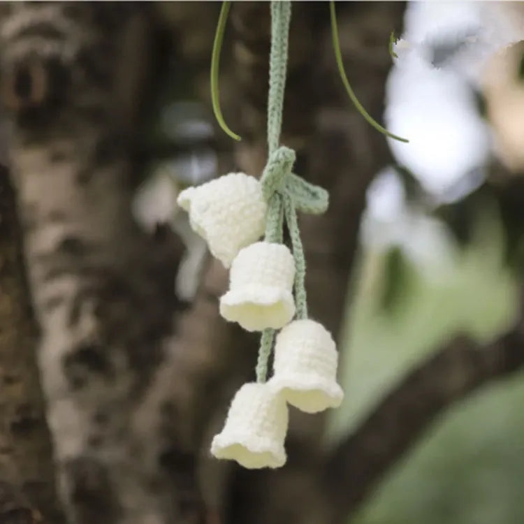 Green and white knitted wool car plant decoration with 8cm base and hanging rope