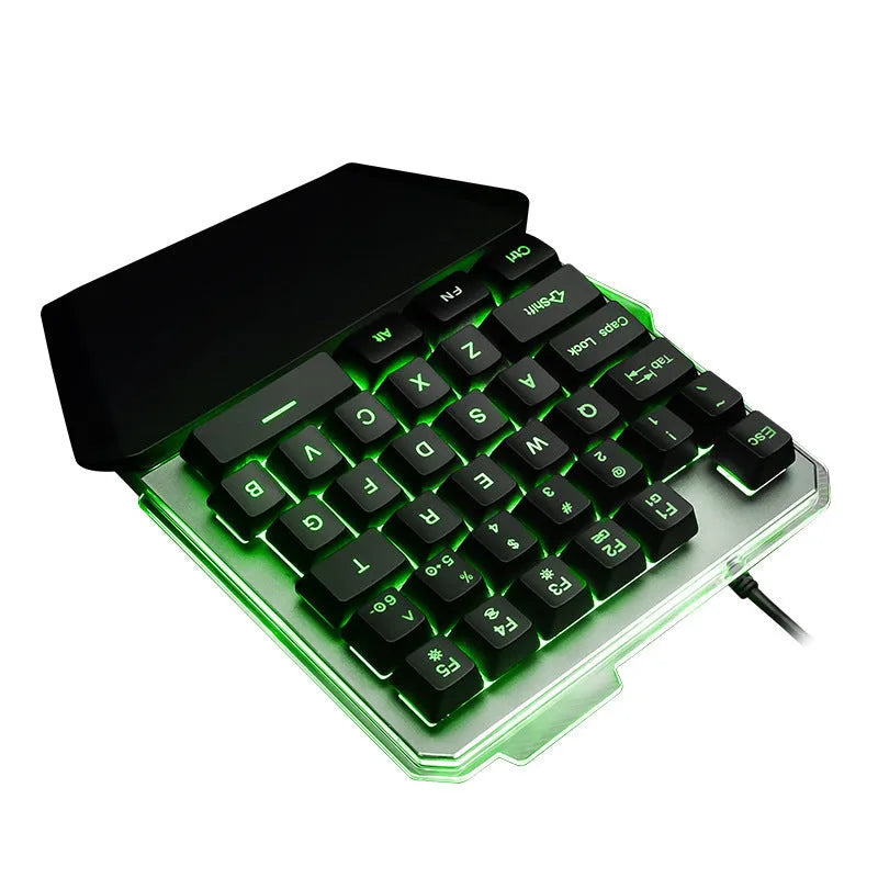 G40 black one-handed mechanical gaming keyboard with RGB backlit keys and a USB cable.