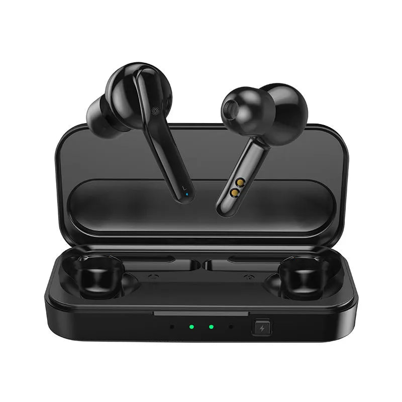 Black plastic TWS wireless earbuds with Bluetooth 5.0 and IPX5 waterproof rating.