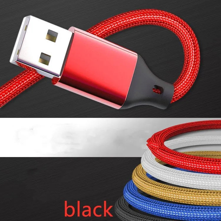 1.2 metre long multi-device charging cable with nylon braid in red, blue, gold, black, silver, and rose gold colours