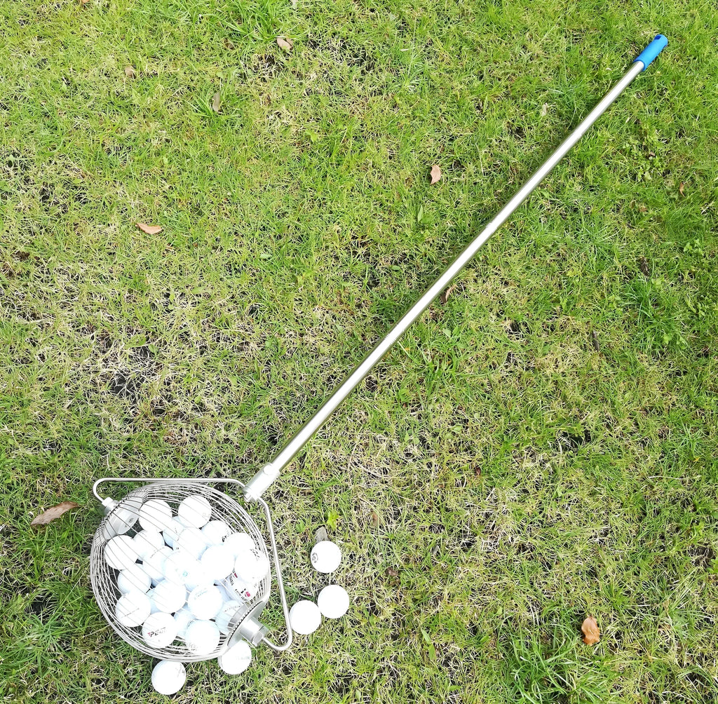 Metallic coloured stainless steel golf ball picker with a long handle