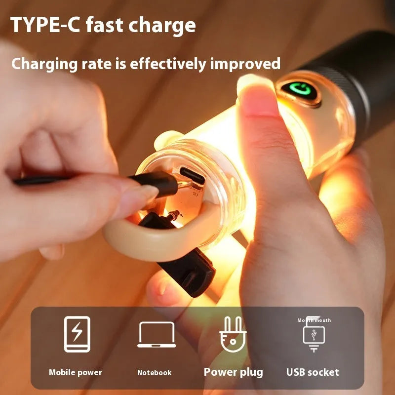 Orange 10W LED torch with optical zoom, hanging hook, and keychain attachment