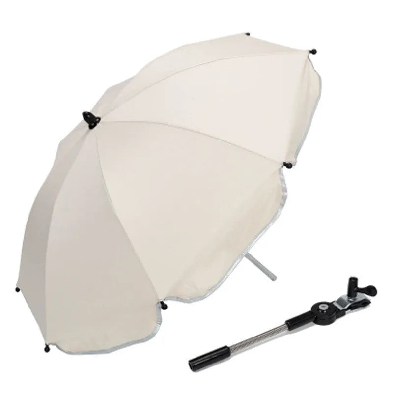 Black adjustable stroller umbrella with alloy handle and 8 steel bones attached to pram