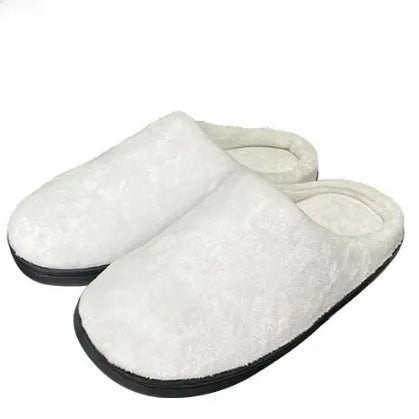 A pair of patterned flannel slippers with a textured TPR rubber sole, shown in a customisable colour.