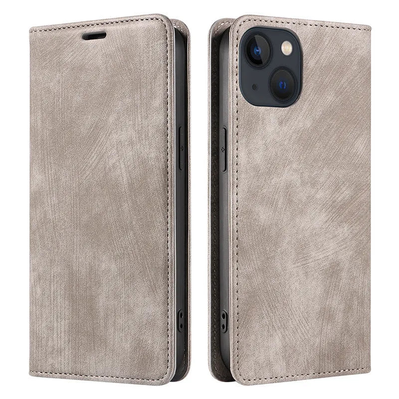 Magnetic flip leather phone case for iPhone in solid colours including red and blue.