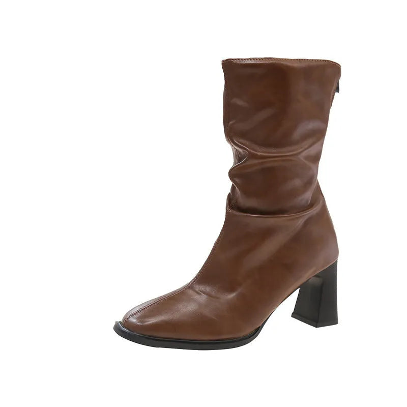 Large size women's wide width chunky heel ankle boots in black, square toe, back zipper, artificial PU upper