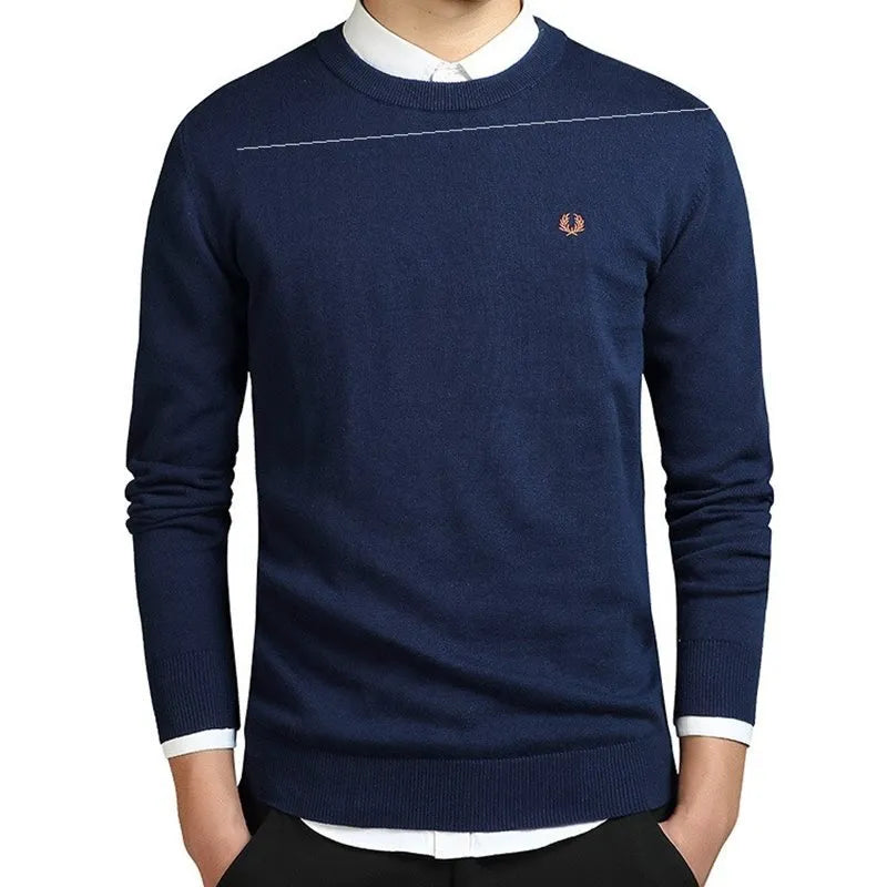 Men's cotton knitted sweater pullover round neck long sleeve jumper in pearl white, front view, available in multiple colours and sizes M to 3XL