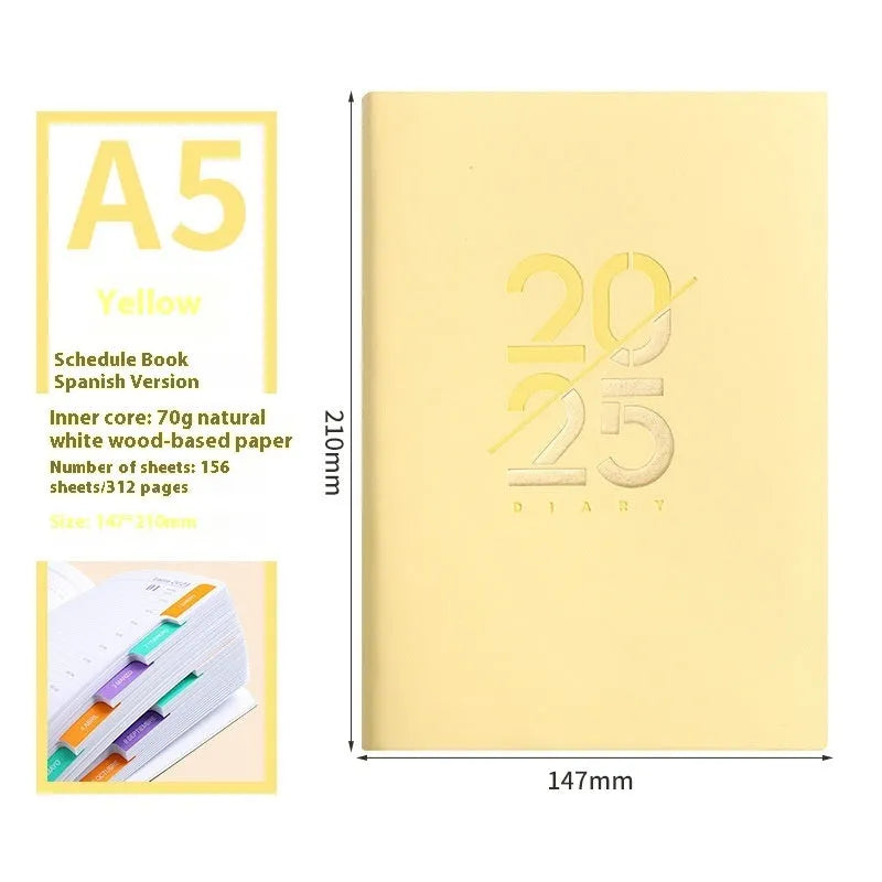 Soft leather A5 daily plan schedule book 2025 with faux leather cover open showing Dorian paper pages