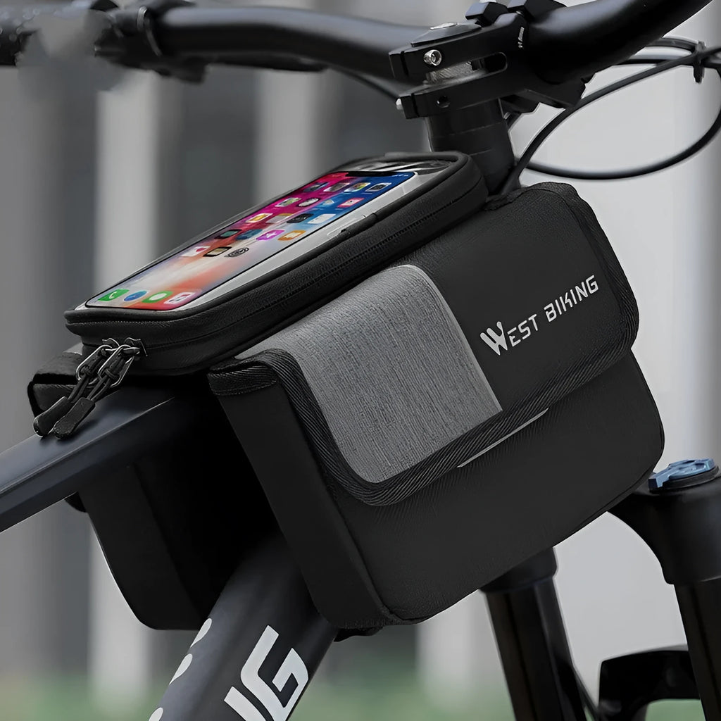 Black and grey Oxford cloth saddle bag with bilateral tube touch screen access and 2L capacity