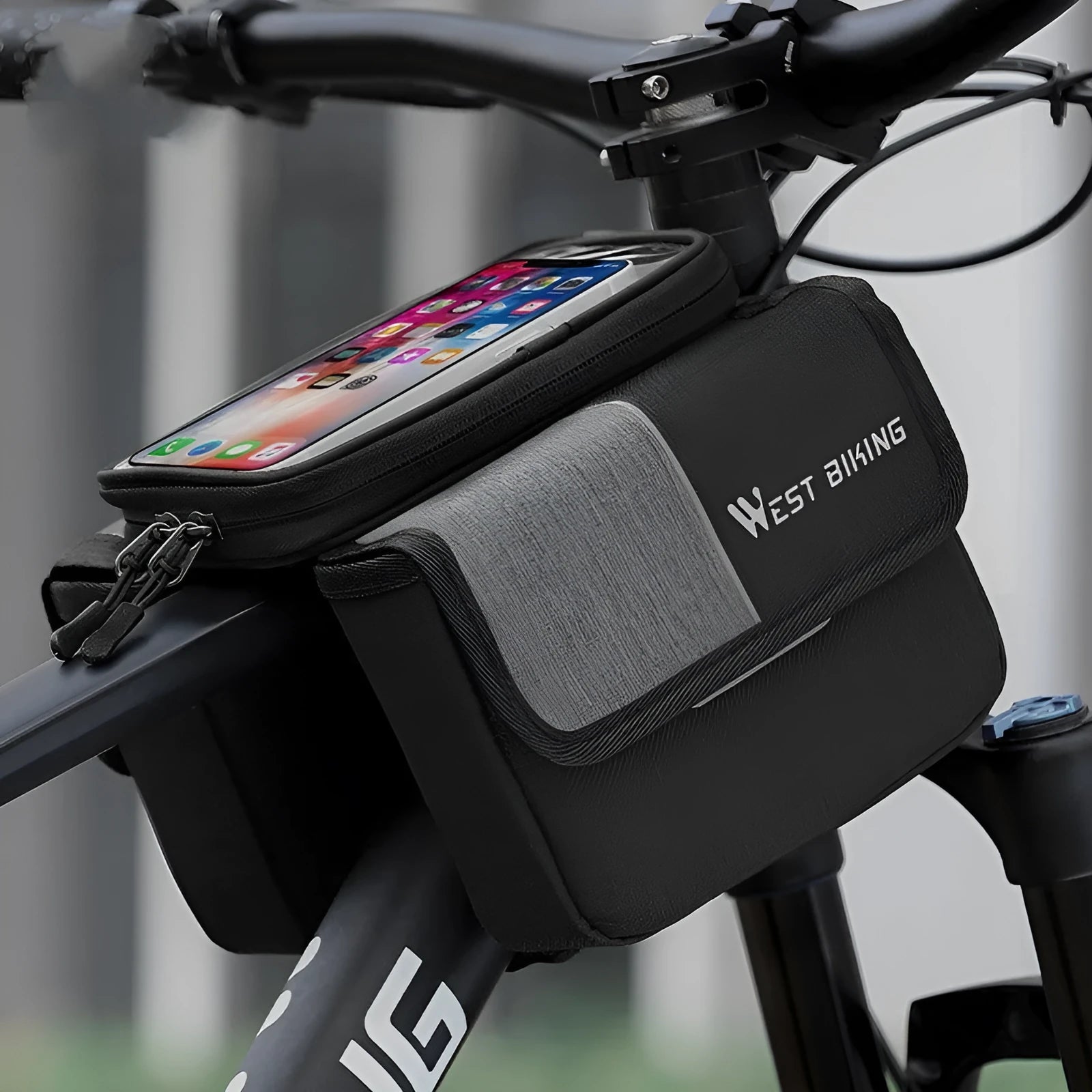 Black and grey Oxford cloth saddle bag with bilateral tube touch screen access and 2L capacity