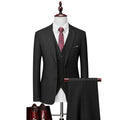 Men's navy blue plaid slim fit three-piece suit with vest, jacket, and trousers on hanger