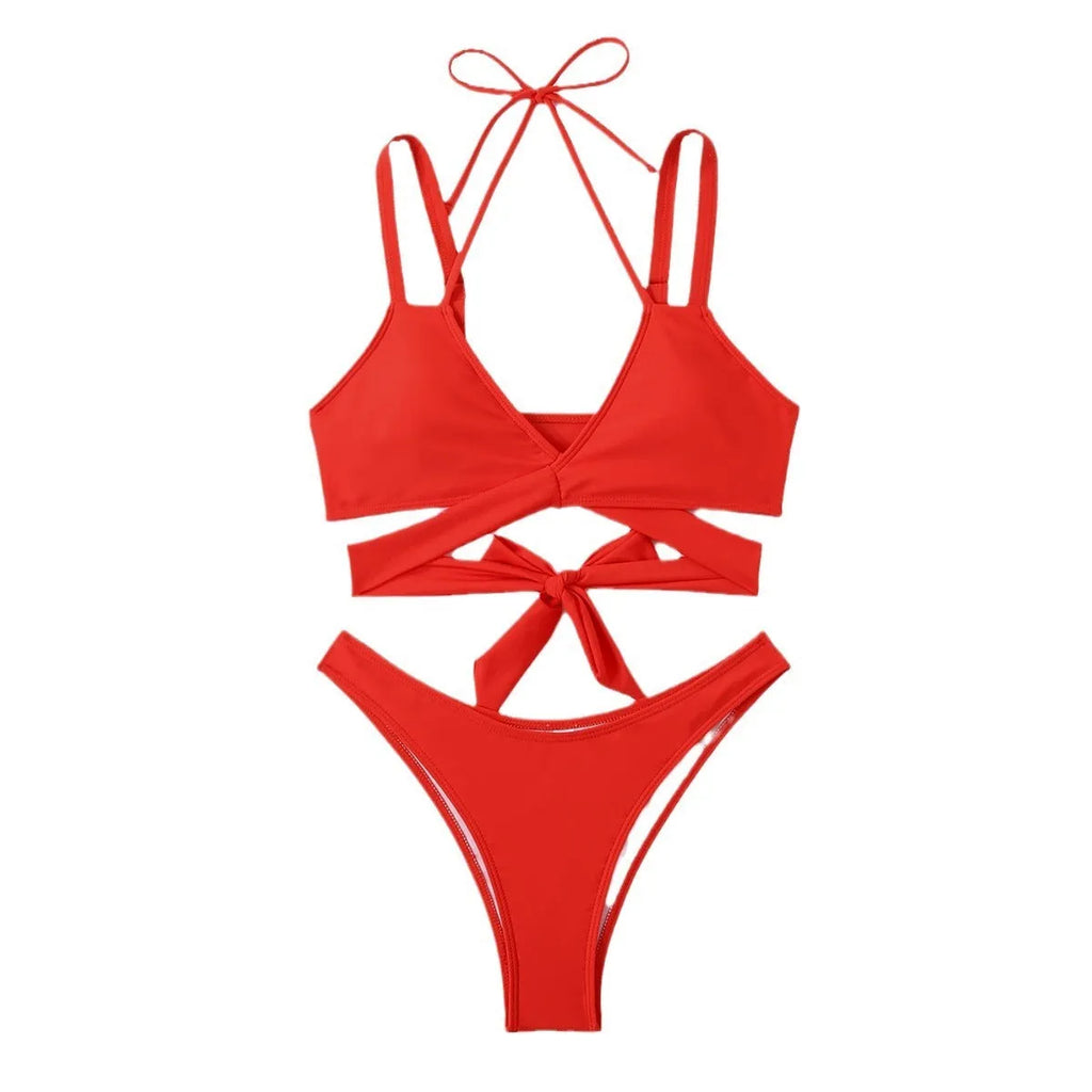 Solid colour strapless bandeau bikini with high-waisted briefs in black, red, blue, rose, and white.