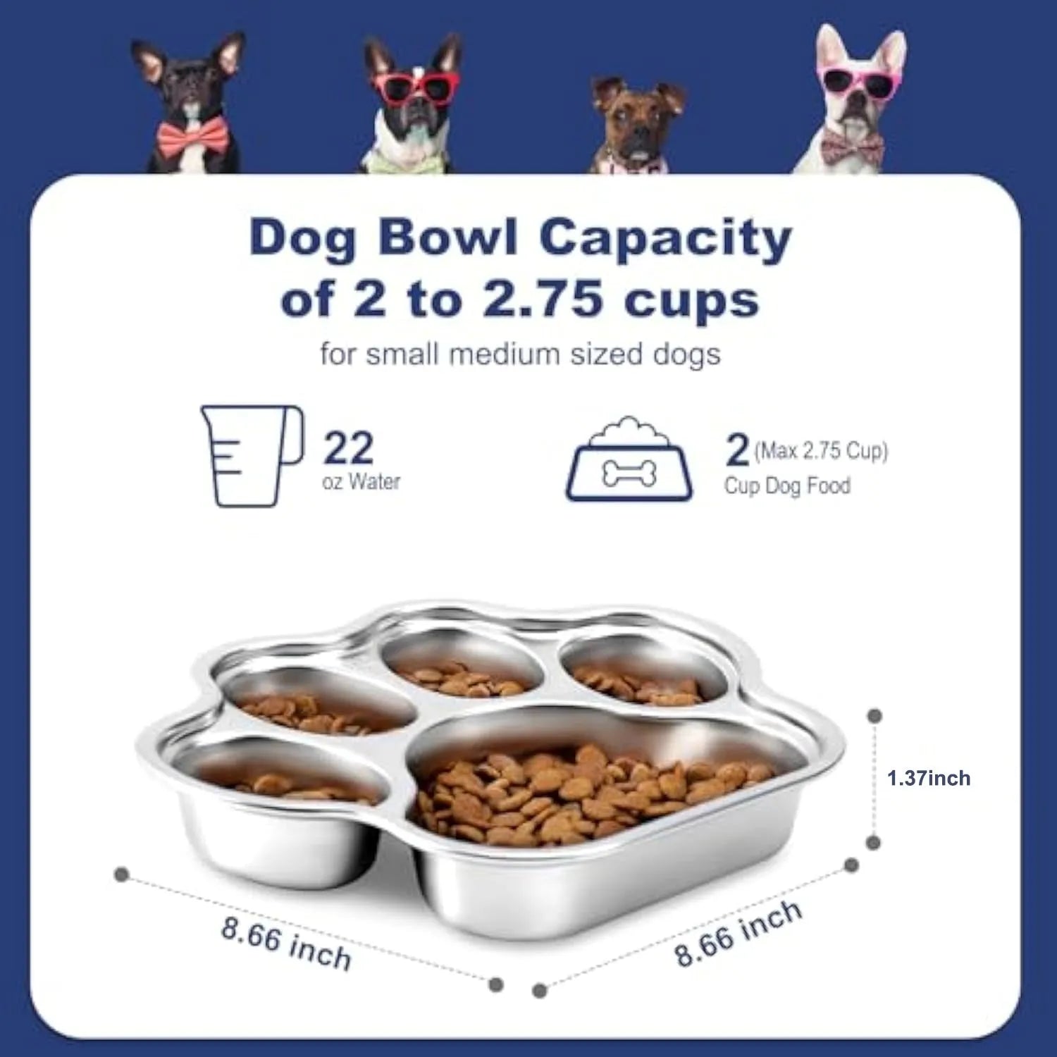Silver stainless steel slow feeder dog bowl with raised ridges for slowing eating, 2 cup capacity, non-slip base, on a light background