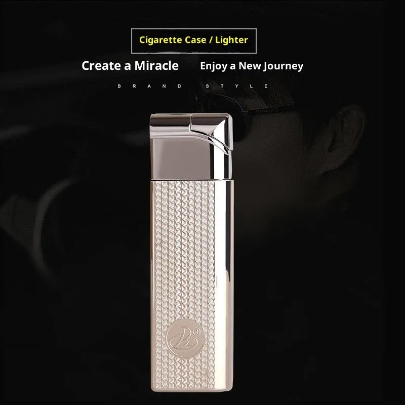 Metal cigarette case with windproof lighter in modern simplicity style, model DH-8923, with leather-like finish.