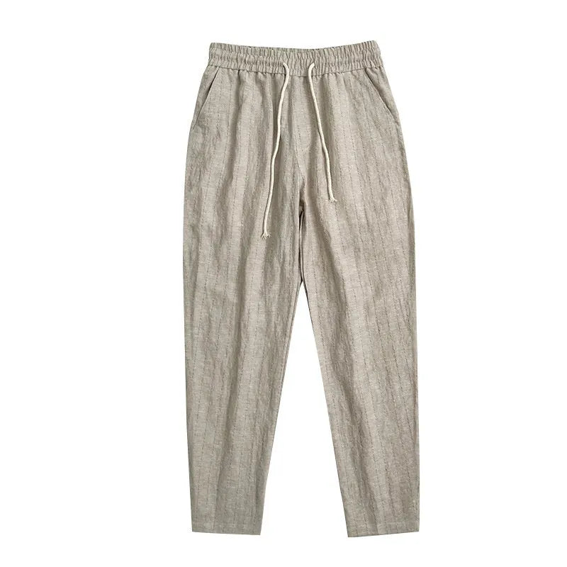 Men's striped cotton linen cropped summer casual pants in multiple colour variations