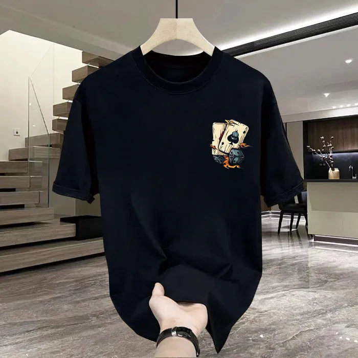 Men's heavyweight black cotton short-sleeved T-shirt with printed design, showing fabric texture and fit