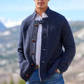 Men's casual mid-length coat in solid colour with patch pockets, polyester fibre fabric