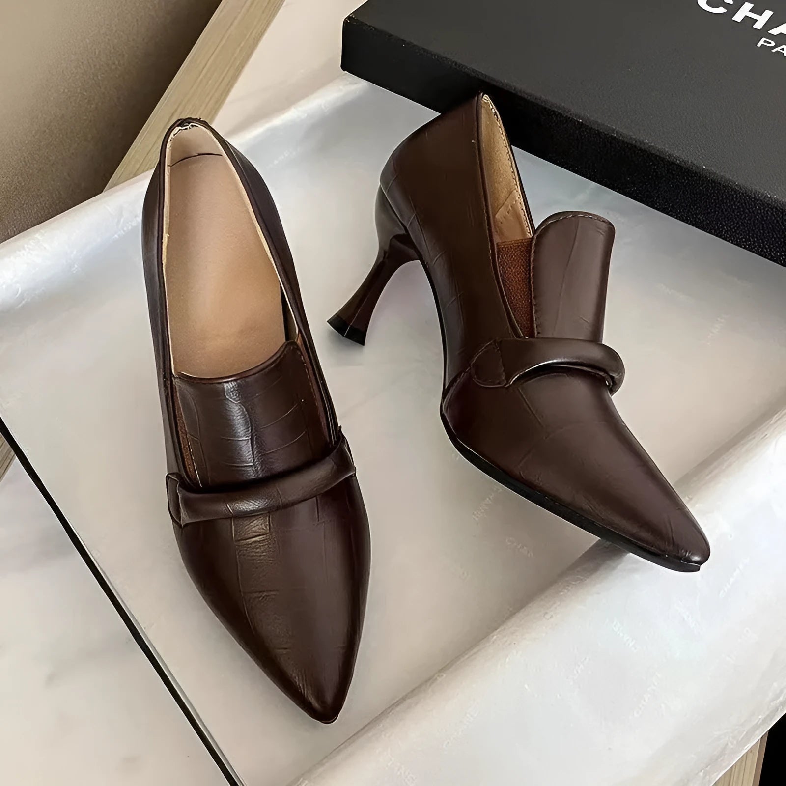 Women's PU leather stiletto heel high heel shoes, pointed toe with hollow cut-out and tassel, available in beige white, black, brown