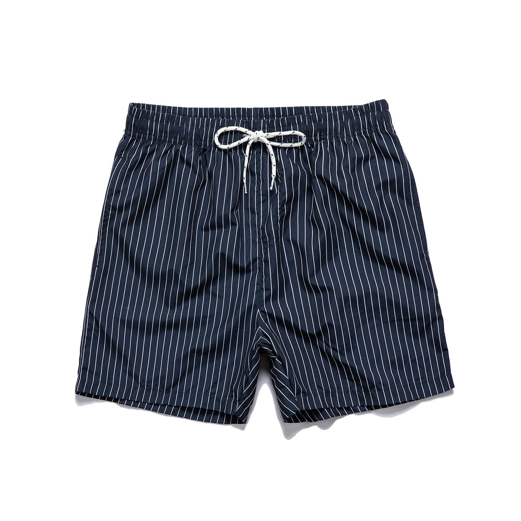 Men's striped polyester shorts in navy blue on a mannequin, showing straight leg design.