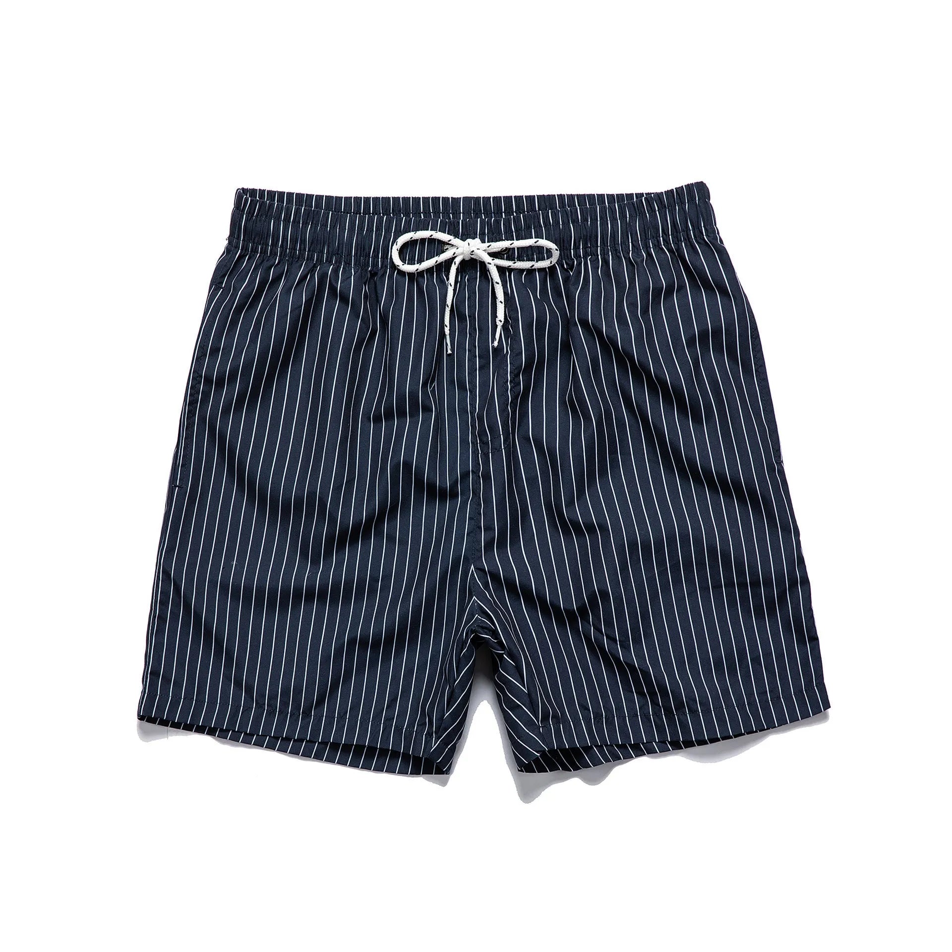 Men's striped polyester shorts in navy blue on a mannequin, showing straight leg design.