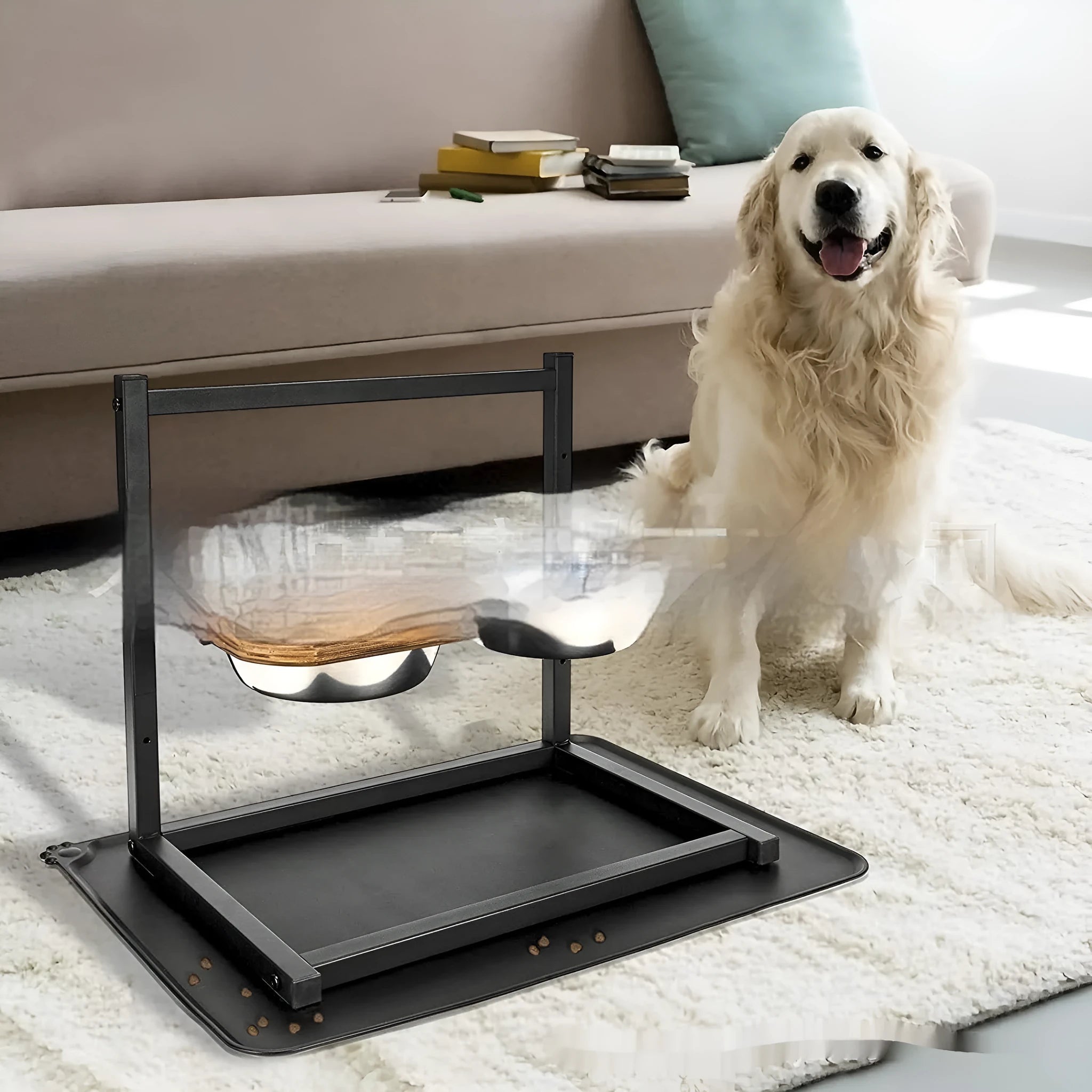 Black iron raised dog food and water bowl stand with separate cushions