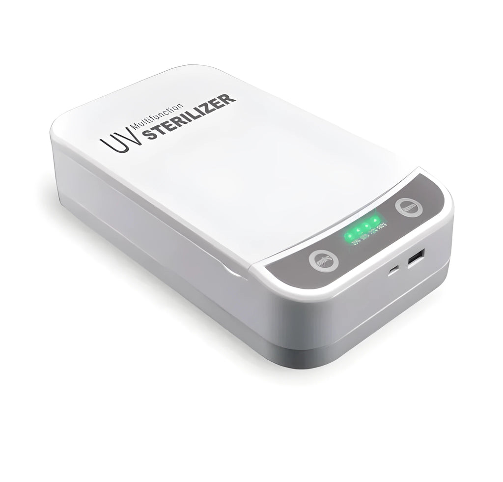 Black UV disinfection box with internal chamber for sanitising mobile phones and small items.
