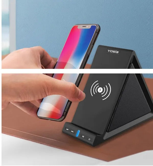 Black multifunctional Bluetooth speaker and power bank unit with integrated mobile phone stand.