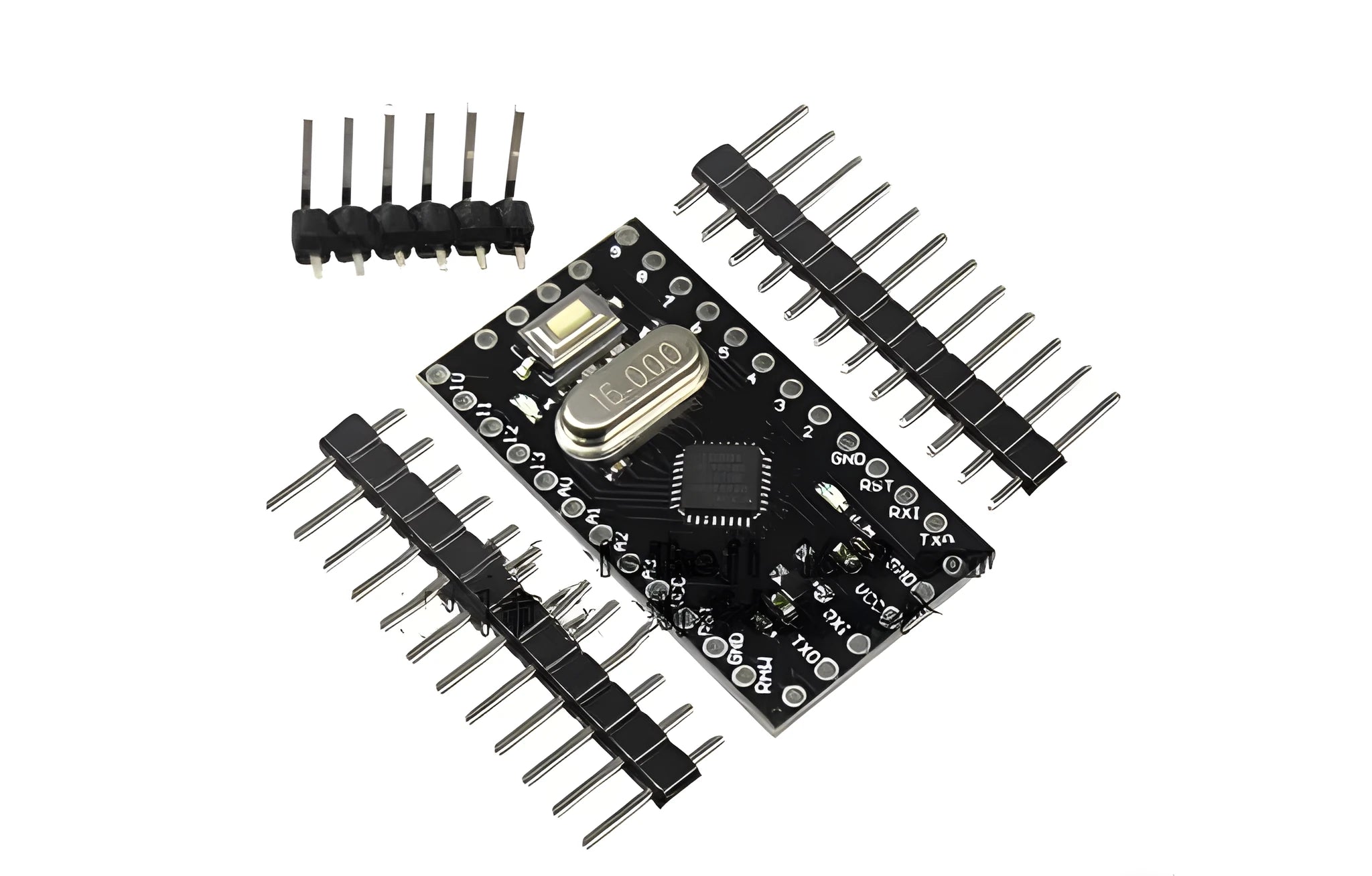 Mini Pro ATMEGA328P-AU microcontroller circuit board showing digital and analogue pin headers