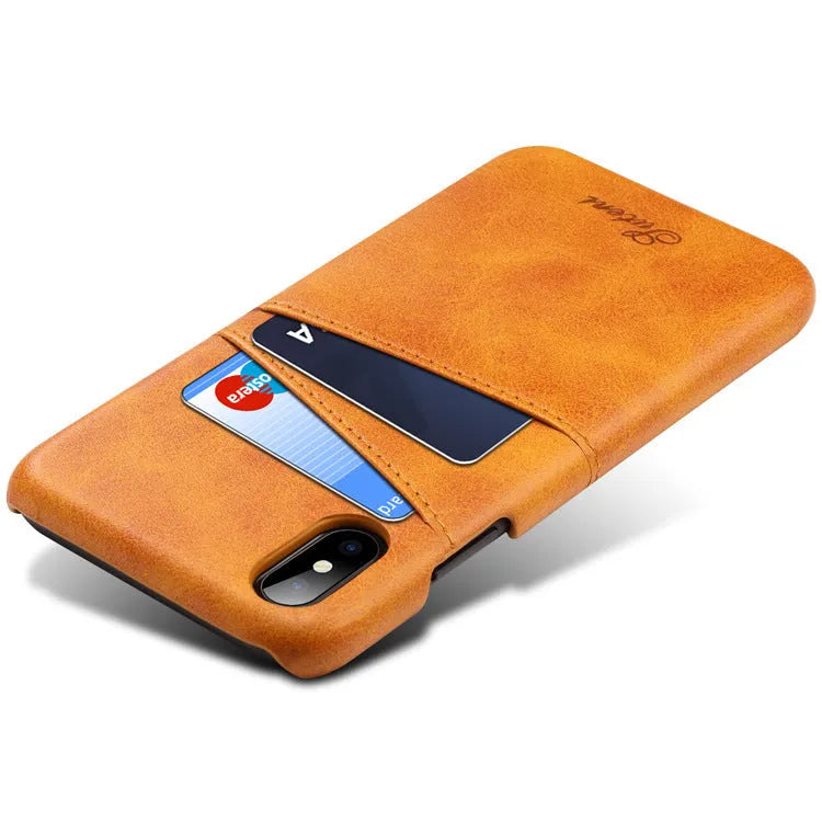 Slim black PU leather wallet phone case showing credit card slots and phone protection