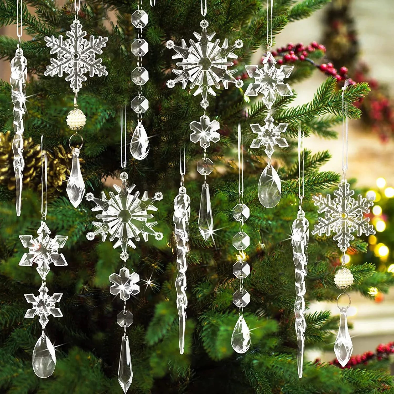 10 clear acrylic icicle and snowflake Christmas tree hanging ornaments with white ribbon