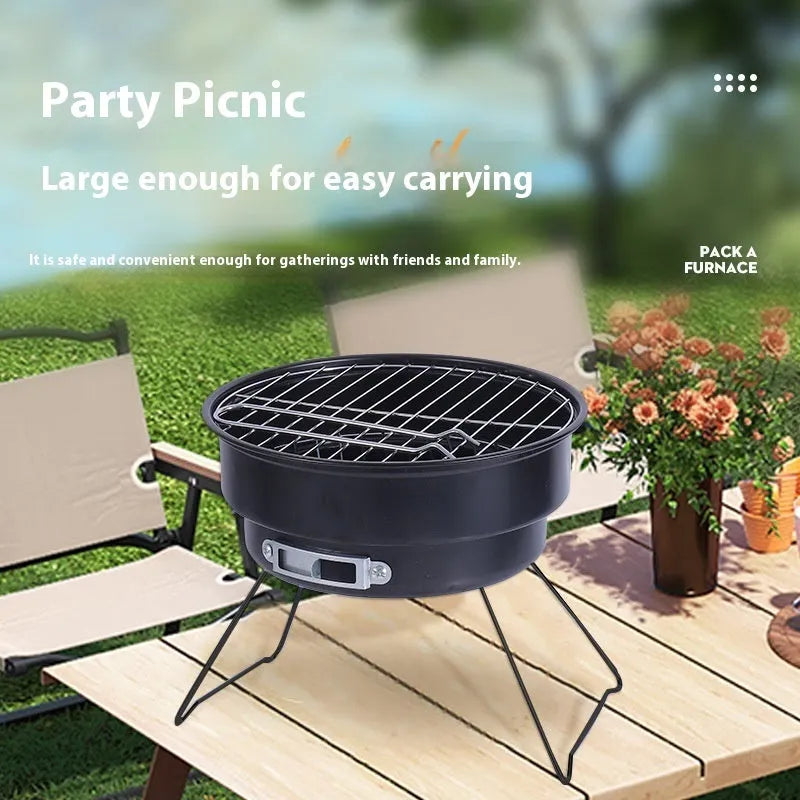 Compact metal folding round ice stove grill with legs, mesh, and carry bag for outdoor cooking.