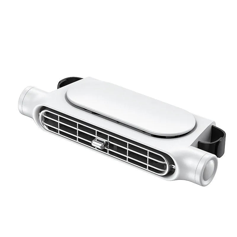 Creative New Seat Car Fan in black, white, and beige colours, showing USB plug, control button, and Velcro mounting strips.