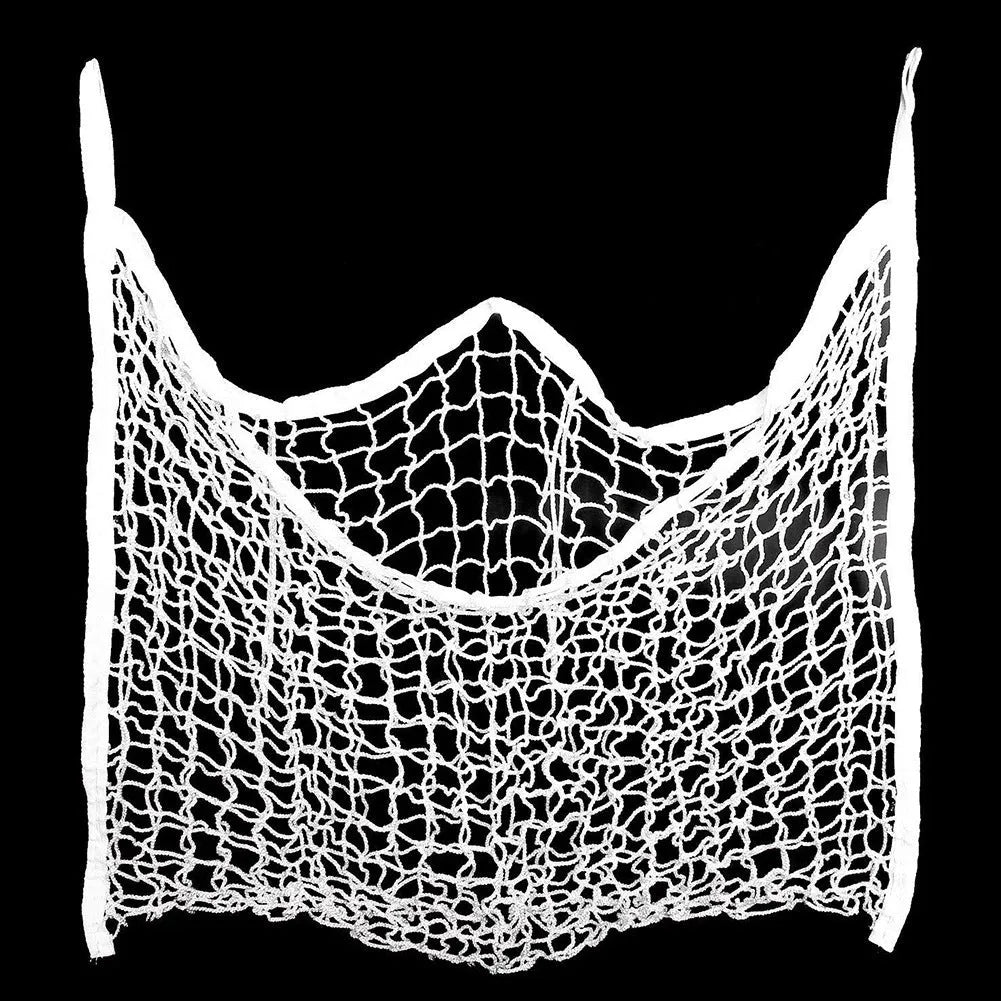 Woven grid horse feeding bag in black hanging, suitable for cattle and sheep.