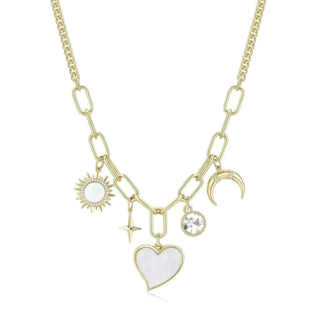 Gold alloy pendant necklace with moon inlaid heart-shaped and star-shaped zircon on a bamboo chain