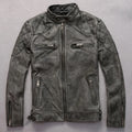Men's distressed stand collar leather jacket in black, front view, with zipper and side seam pockets