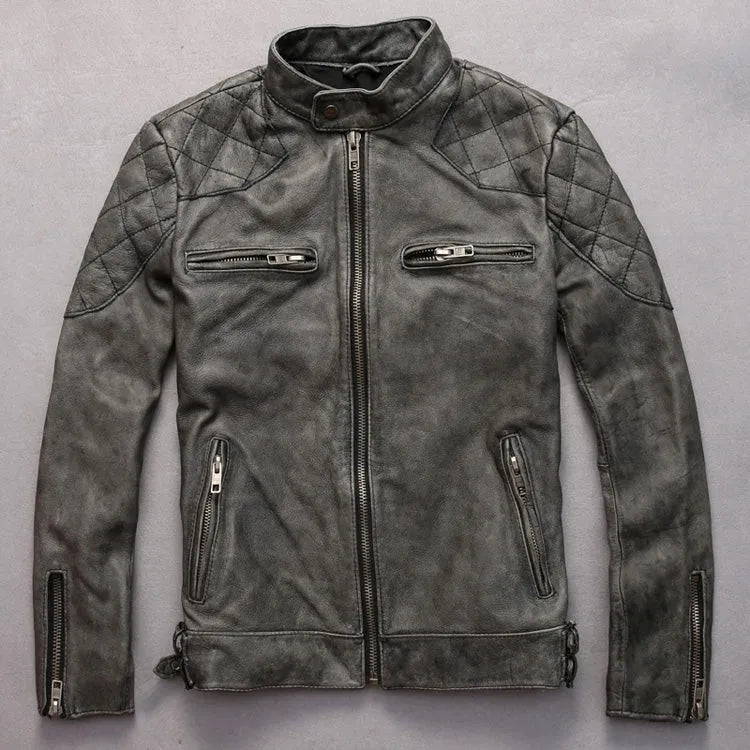 Men's distressed stand collar leather jacket in black, front view, with zipper and side seam pockets