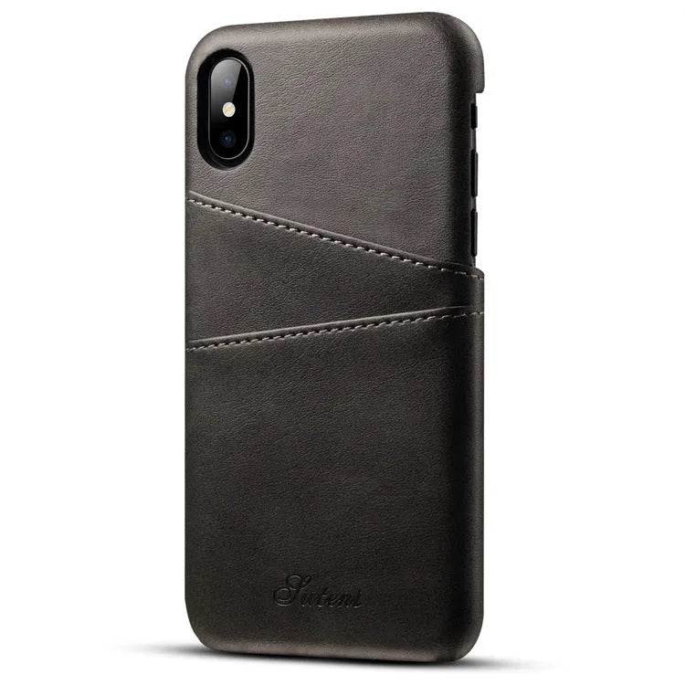 Slim black PU leather wallet phone case showing credit card slots and phone protection