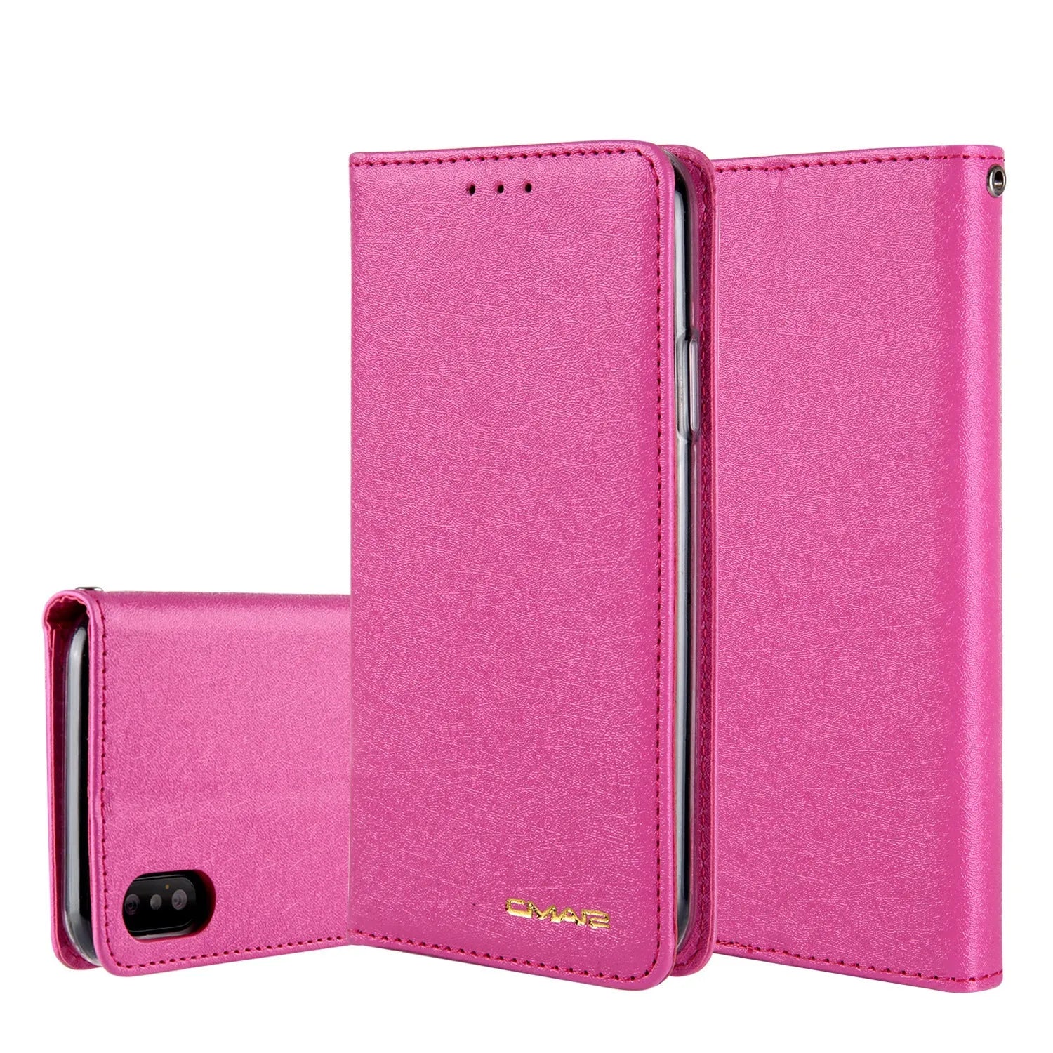 PU leather flip phone case with card slots for iPhone, shown in various colours.