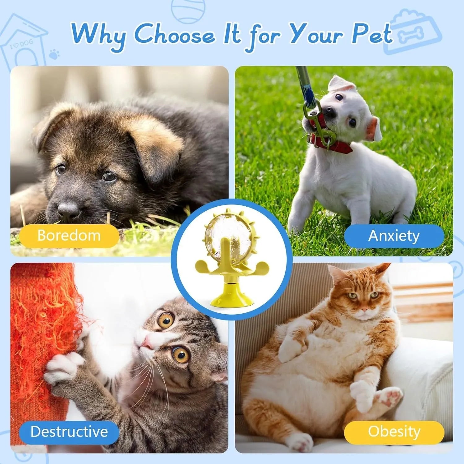 Interactive pet puzzle toy with rotating food dispenser in blue, green, red, or yellow colours