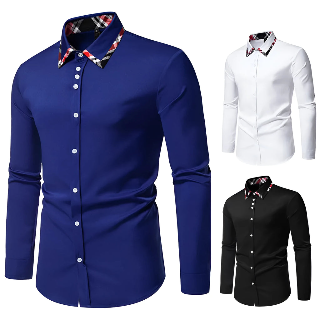 Men's blue plaid contrast long sleeve shirt with a triangle collar on a hanger.