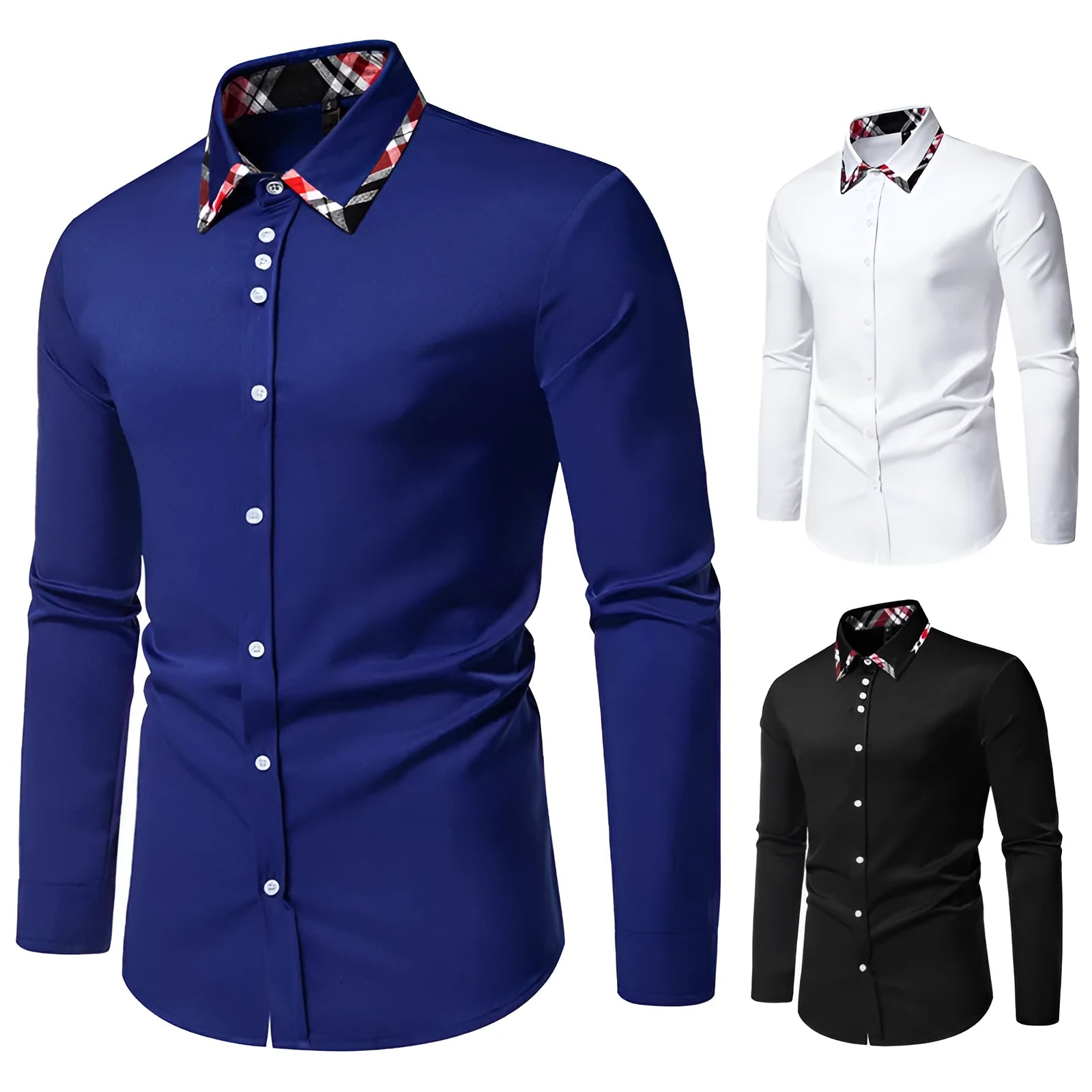 Men's blue plaid contrast long sleeve shirt with a triangle collar on a hanger.