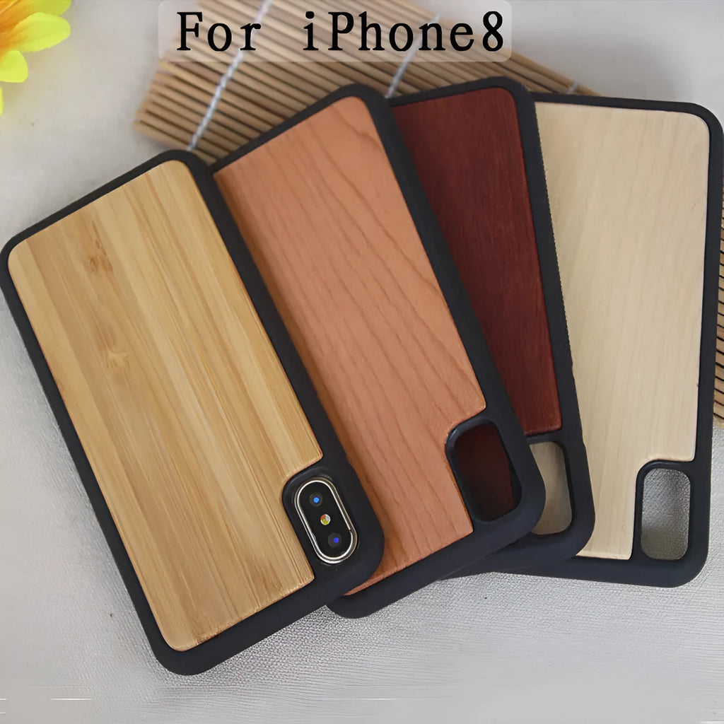 Wooden iPhone case with carbonized bamboo back and black TPU bumper, shown on an iPhone.