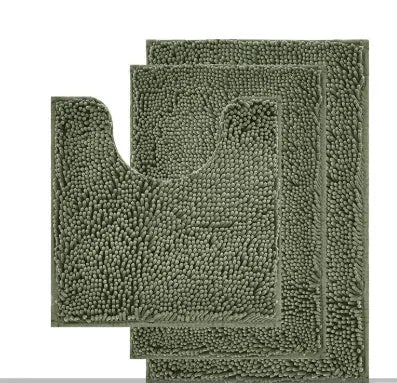 Three-piece chenille toilet mat set in green with a U-shaped piece, rectangular mats, and TPR anti-slip backing.