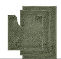 Three-piece chenille toilet mat set in green with a U-shaped piece, rectangular mats, and TPR anti-slip backing.