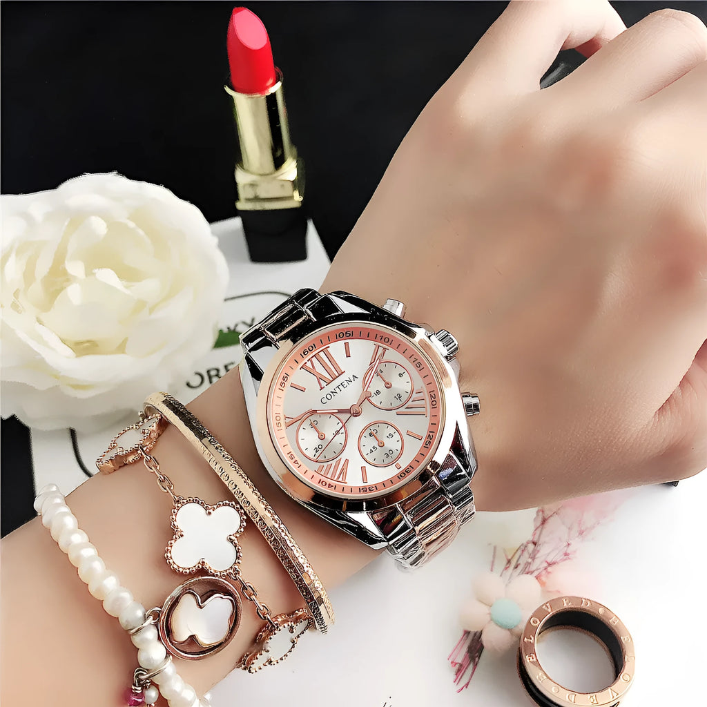 Women's silver rose gold diamond quartz mesh strap watch with 15mm thick case