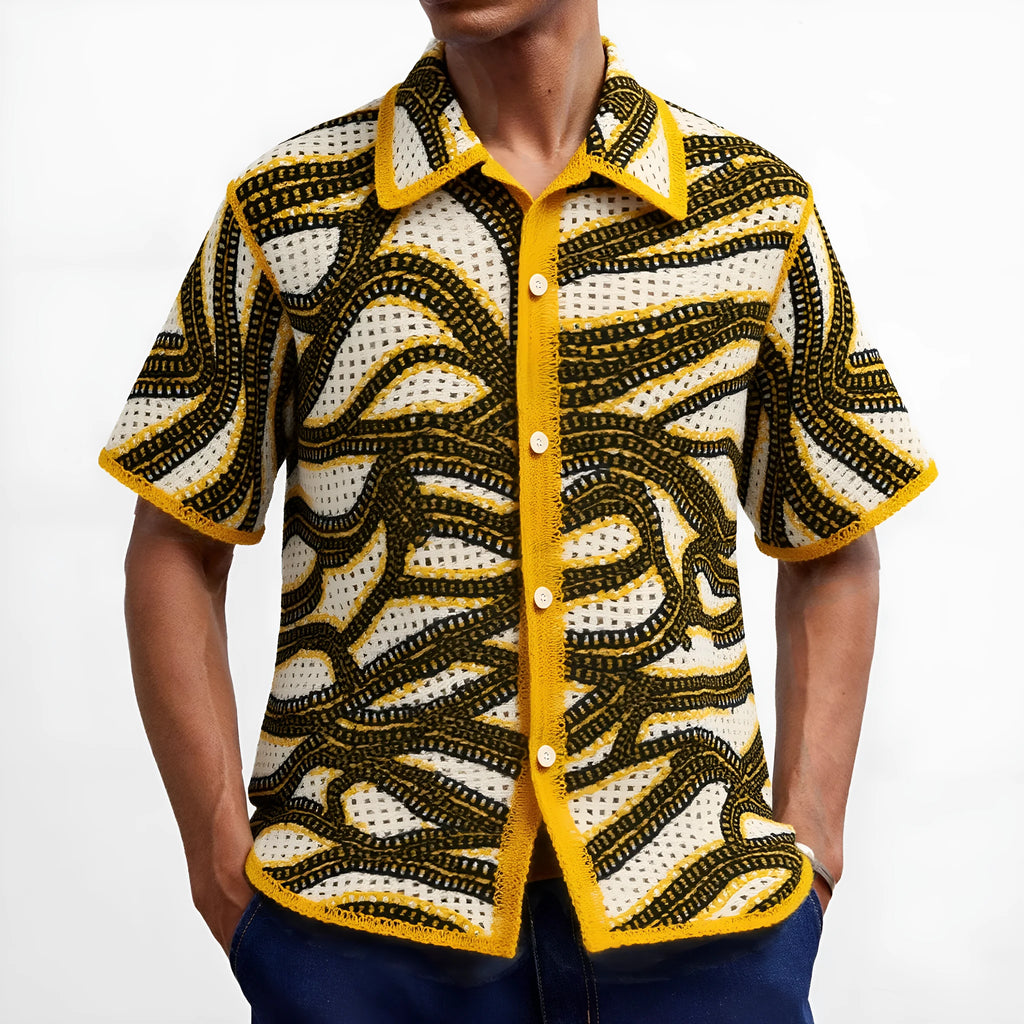 Khaki short sleeve cardigan with American striped pattern and hand-crocheted retro design