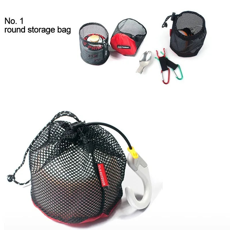 Red 5-piece outdoor travel storage bag set made from 200D Oxford cloth with mesh panels and zipper closures