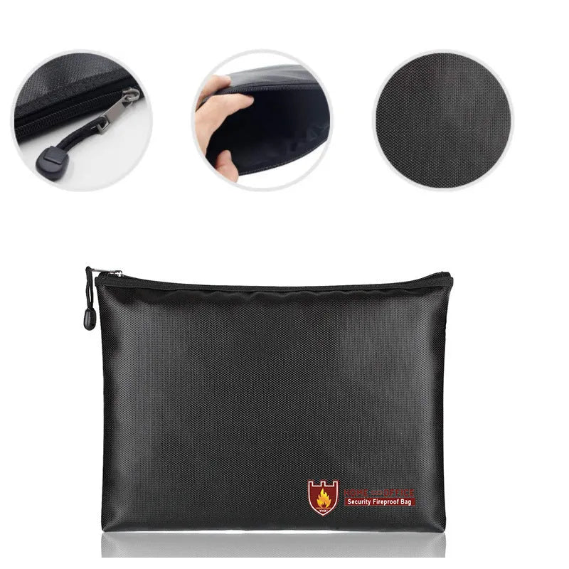 Black fire-proof contract document bag shown in small, medium, and large sizes