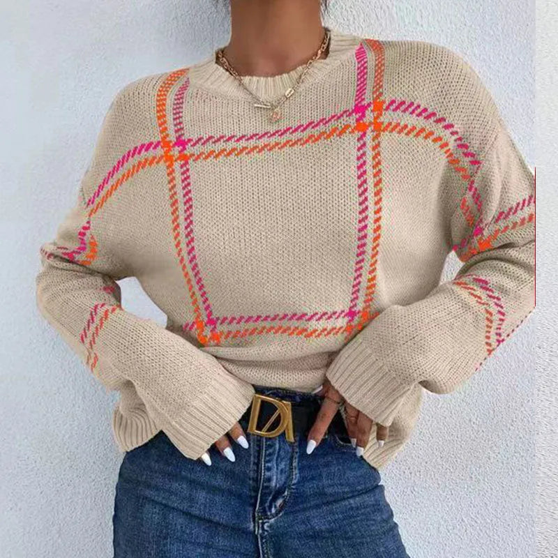 Women's casual plaid colour-block crew neck sweater in acrylic fabric with regular sleeves