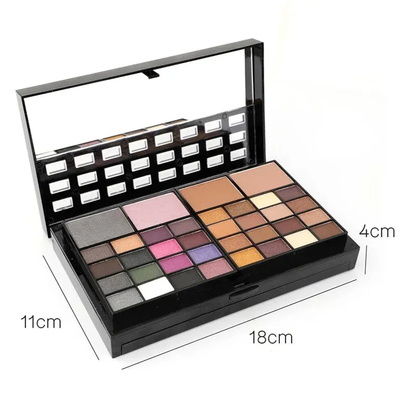 Four-layer 74 colour makeup palette with eyeshadow, lip gloss, and brushes in a plastic case.